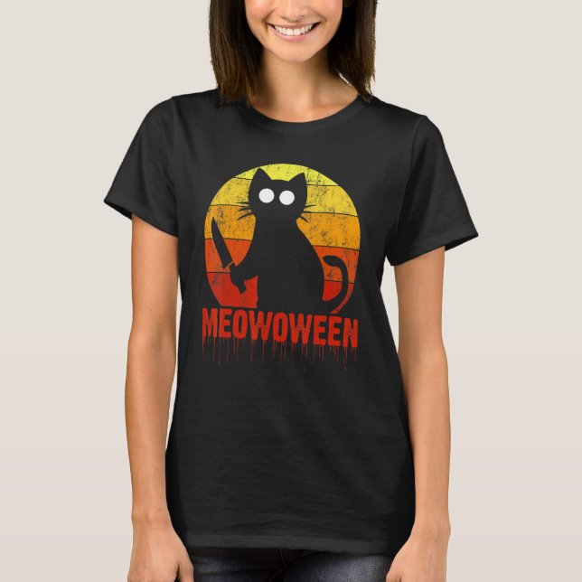 Meowoween Halloween Cat Gory Bloody Horror Scene T Shirt (Framsida)