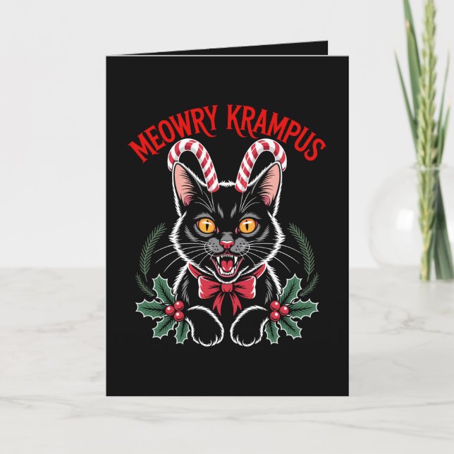 Meowry Krampus jul svart katt sockerrör jul Kort (Framsida)
