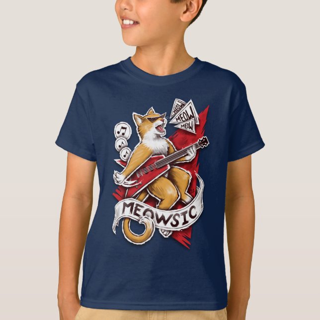 Meowsic - Chat Guitariste T Shirt (Framsida)