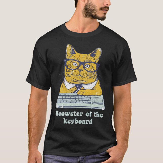 Meowster Keyboard  Cat Working Pun Programmer Code T Shirt (Framsida)
