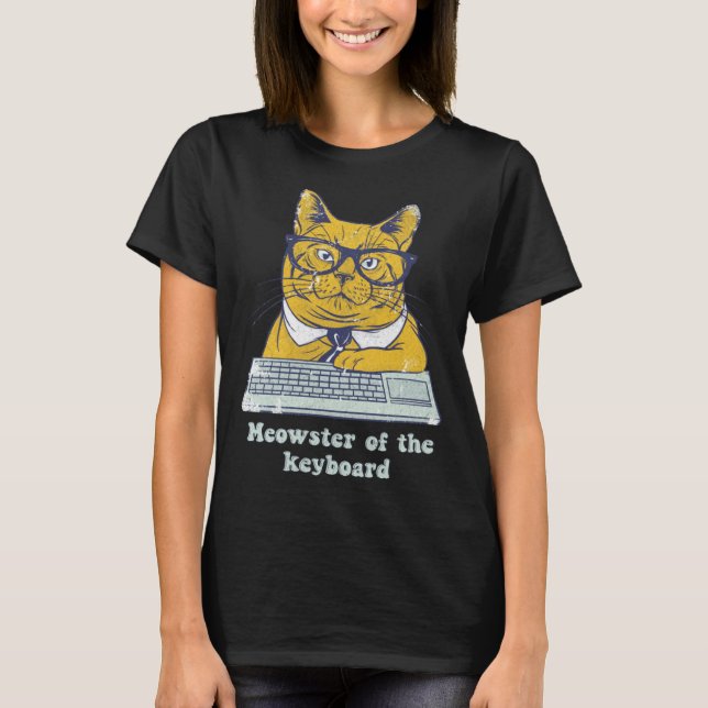 Meowster Keyboard  Cat Working Pun Programmer Code T Shirt (Framsida)