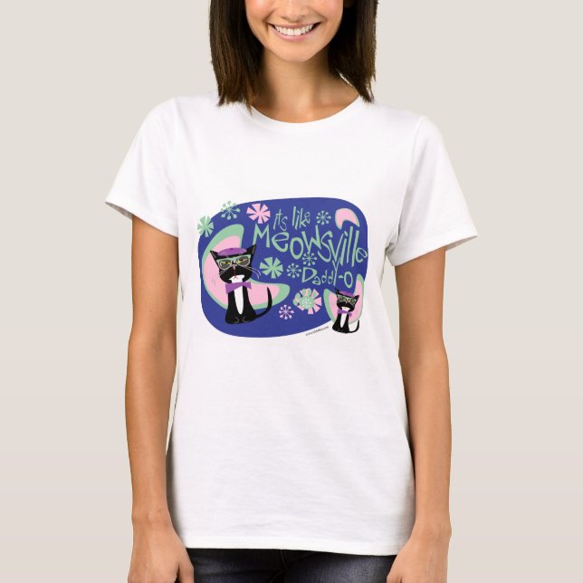 Meowsville Tecknad Beatnik Character Fifties Cat T-shirt (Framsida)
