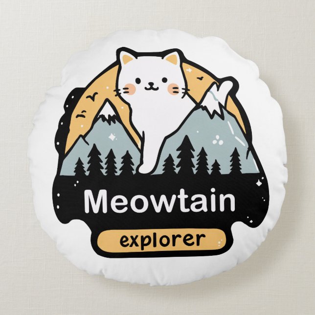 Meowtain Explorer – Sött Kattäventyr Design Rund Kudde (Framsidan)