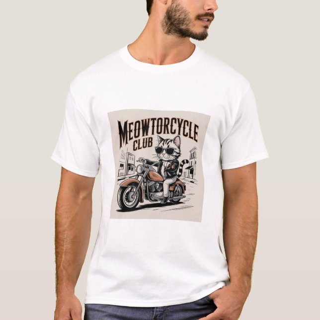 Meowtorcycle Club Biker Cat on Chopper Motorcycle  T Shirt (Framsida)