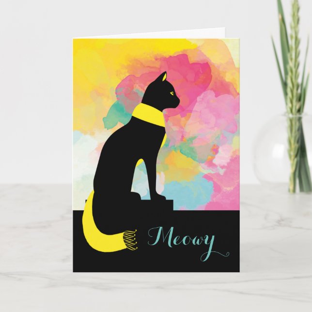 Meowy Black Cat i Gult Scarf Sayed Hej Kort (Framsida)
