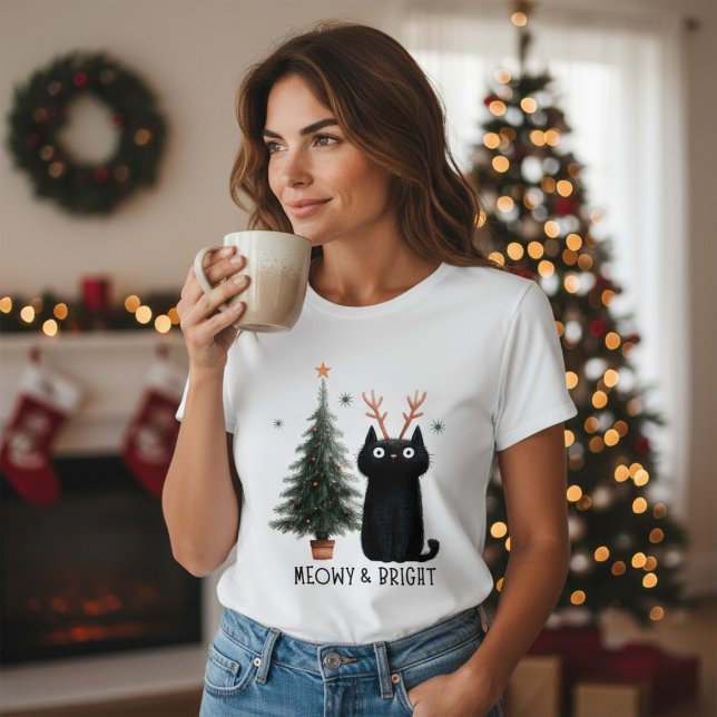 Meowy & Bright Söt Katt Julgran T Shirt (Skapare uppladdad)