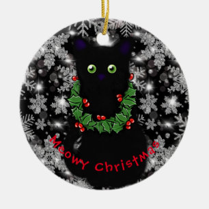 Meowy cat jul red grönt Holly wans Julgransprydnad Keramik