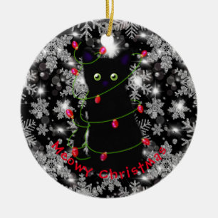 Meowy cat jul Red grönt twinkle ljus Julgransprydnad Keramik