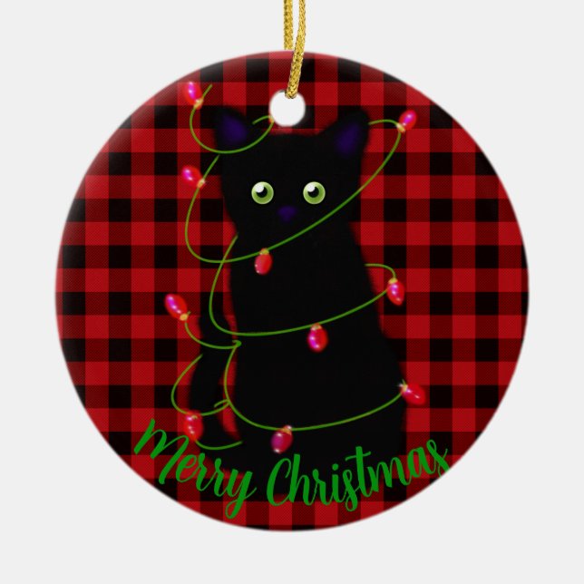 Meowy cat jul Red plaid holly-bär Julgransprydnad Keramik (Framsidan)