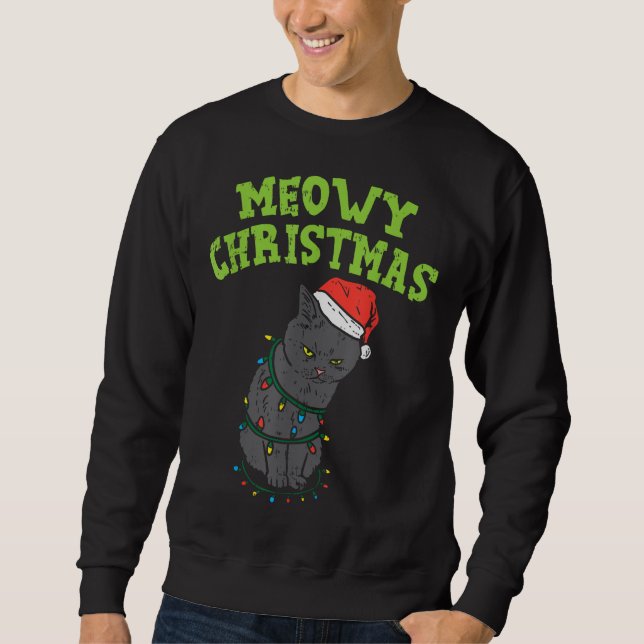 Meowy Catmas Black Cat Funny jul Julafton Cat Ow Lång Ärmad Tröja (Framsida)