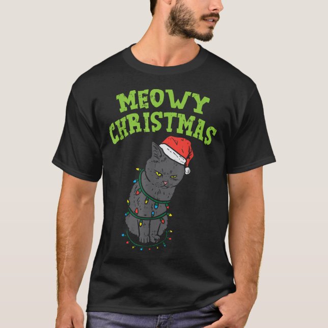 Meowy Catmas Black Cat Funny jul Julafton Cat Ow T Shirt (Framsida)