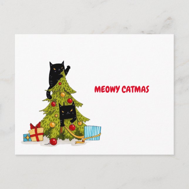 Meowy Catmas Black Funny Cats julvykort Vykort (Framsida)