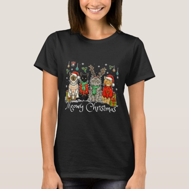 Meowy Catmas Cat Christmas Cute Kitten Cats Santa  T Shirt (Framsida)