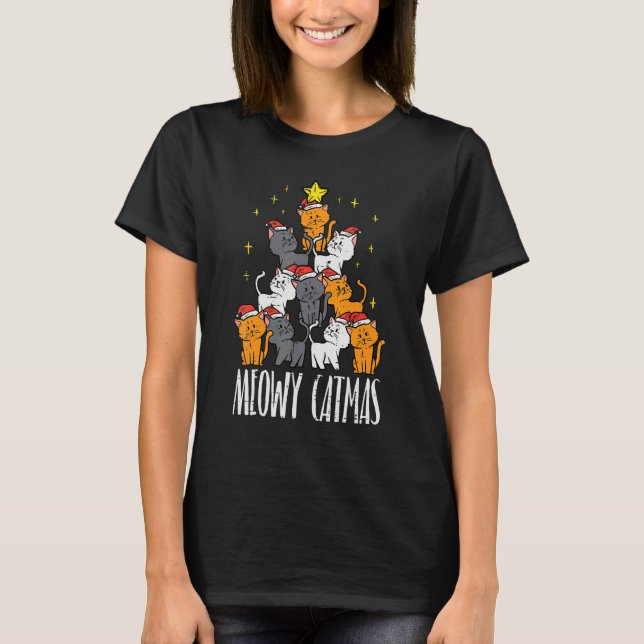 Meowy Catmas Cat Christmas Tree Xmas Women Girls T Shirt (Framsida)
