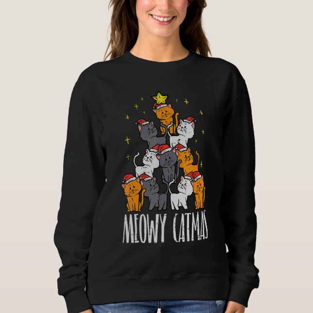 Meowy Catmas Cat Christmas Tree Xmas Women Girls T Shirt (Framsida)