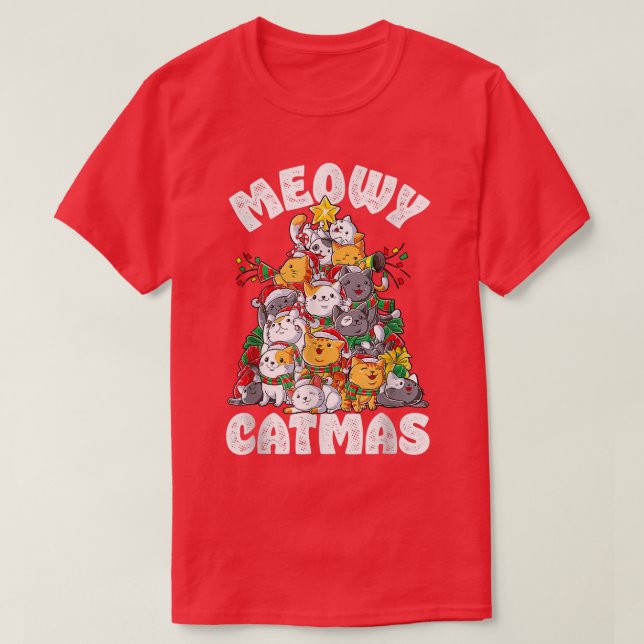 Meowy Catmas Cat Julgran Julafton T Shirt (Design framsida)