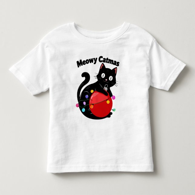 Meowy Catmas - Cat with Christmas ornament T Shirt (Framsida)
