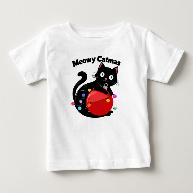 Meowy Catmas - Cat with Christmas ornament T Shirt (Framsida)