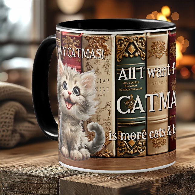 Meowy Catmas Cats och Bokar jul Kaffemugg (Funny Christmas mug featuring an illustration with kittens and books - crazy cat lady gift)
