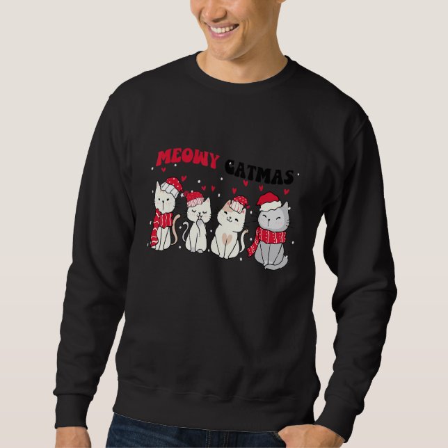 Meowy Catmas Christmas Cat Cat  Xmas Tees Lång Ärmad Tröja (Framsida)