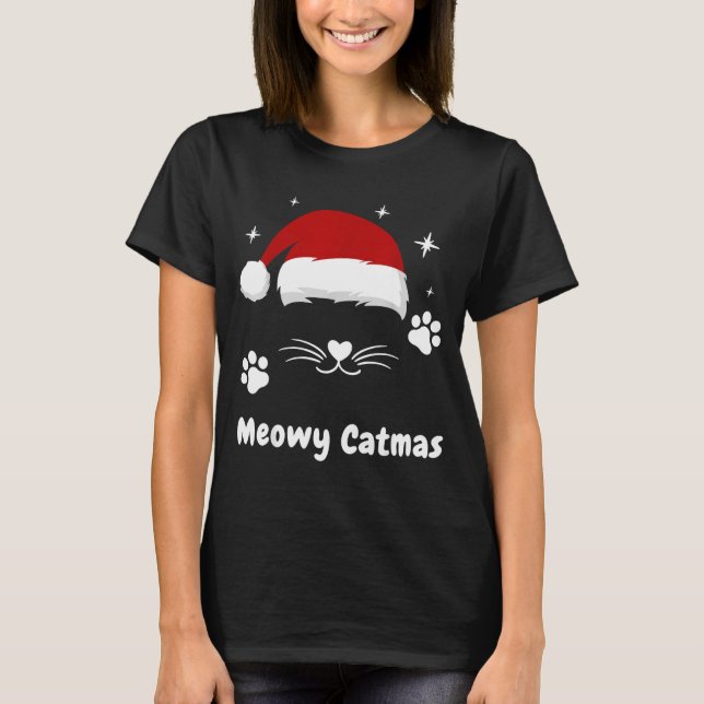 Meowy Catmas Cute Kitten Cats Santa Hat Christmas  T Shirt (Framsida)