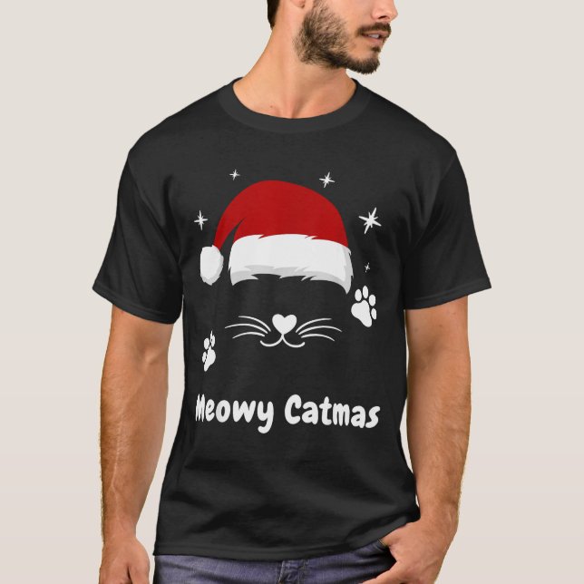 Meowy Catmas Cute Kitten Cats Santa Hat Christmas  T Shirt (Framsida)