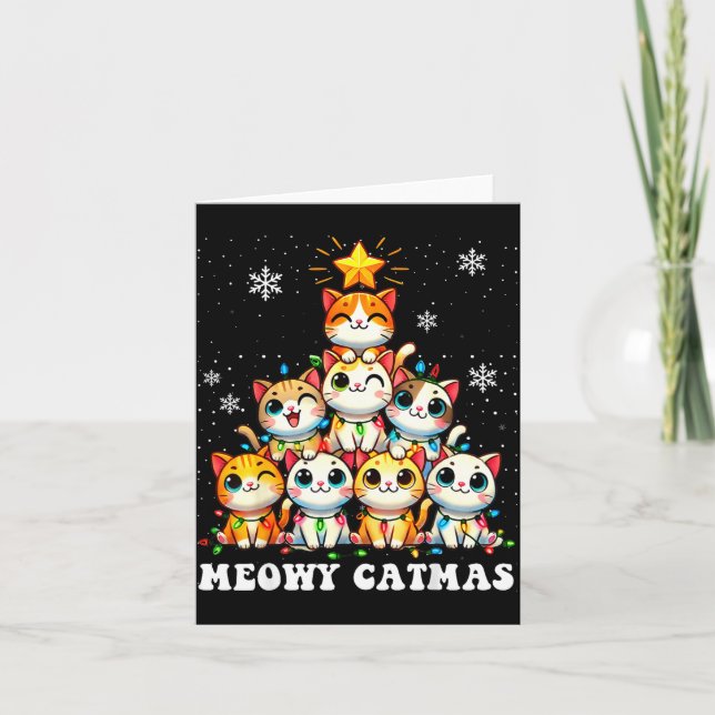 Meowy Catmas Funny Christmas Tree Lights Cute Cat  Kort (Framsida)