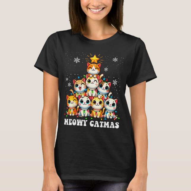 Meowy Catmas Funny Christmas Tree Lights Cute Cat  T Shirt (Framsida)