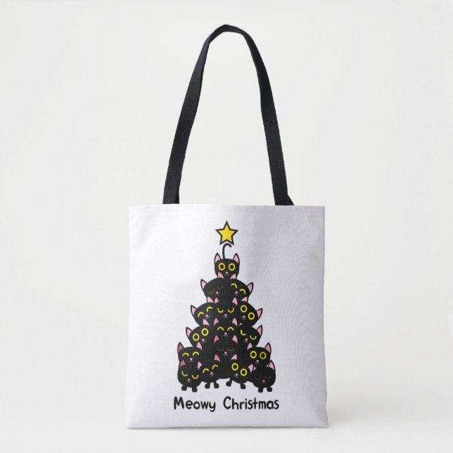 Meowy Catmas Funny jul Cat Julafton Träd Black Tygkasse (Framsida)