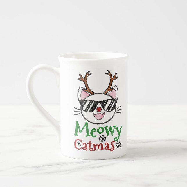 Meowy Catmas jul Kattunge Red Nose Reindeer Benporslin Mugg (Vänster)