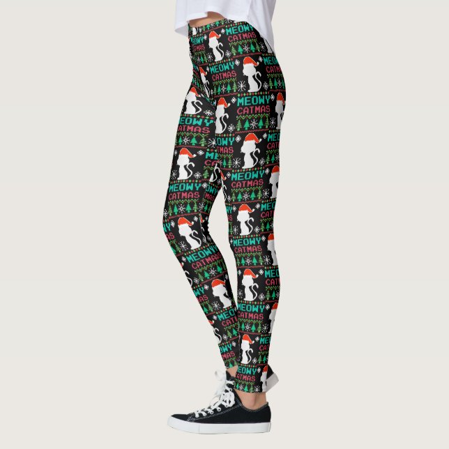 Meowy Catmas jultomten Cat Ugly Sweater Leggings (Vänster)