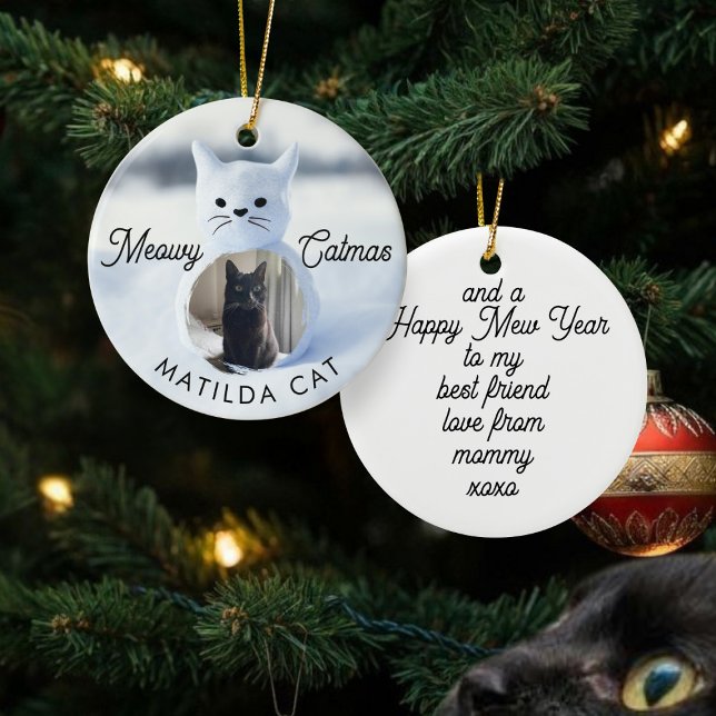Meowy Catmas Kat-julens Helgdag Ornament (Meowy Catmas! Upload your best friend's photo and add their name and a message to this cute ornament)