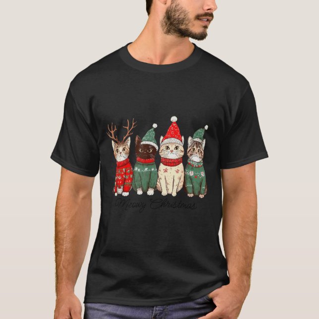 Meowy Catmas Katt Jul Belysning Xmas Pyjamas Katt T Shirt (Framsida)