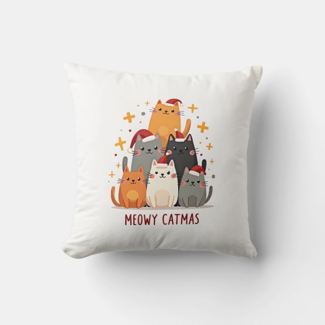 Meowy Catmas Katt Julgran Xmas (1) Kudde (Framsida)