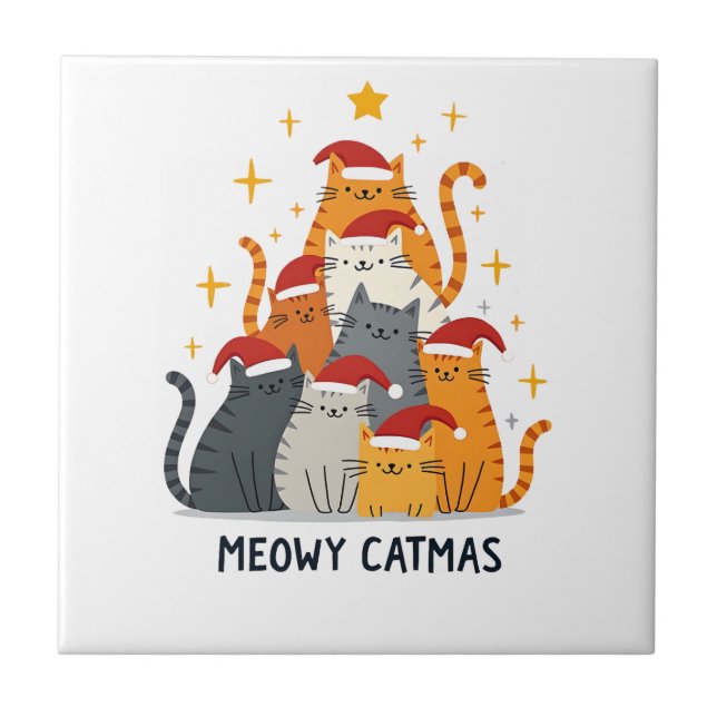Meowy Catmas Katt Julgran Xmas (4) Kakelplatta (Framsidan)
