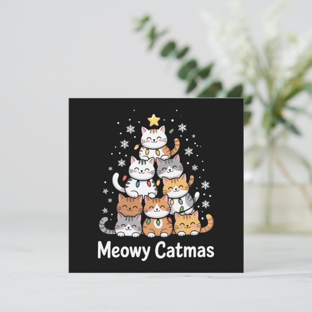 Meowy Catmas Katt Julgran Xmas Tomte  Julkort (Stående Fram)