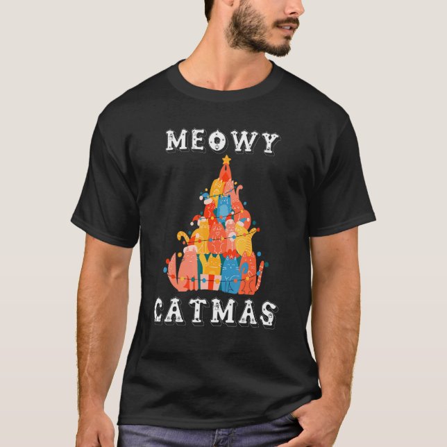 Meowy Catmas Katt Julgranar T Shirt (Framsida)
