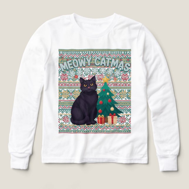 Meowy Catmas Långärmad Tröja Jul Katt Tröja (Design framsida)