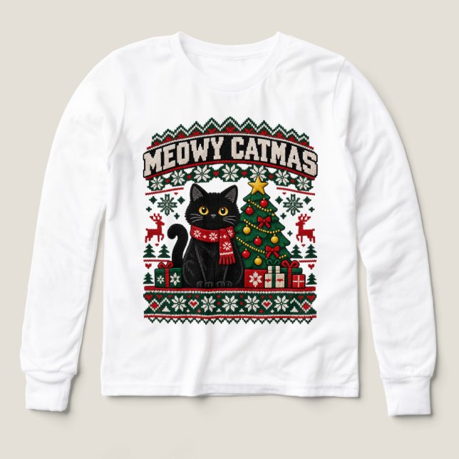 Meowy Catmas Långärmad Tröja Julkatts Tröja (Design framsida)