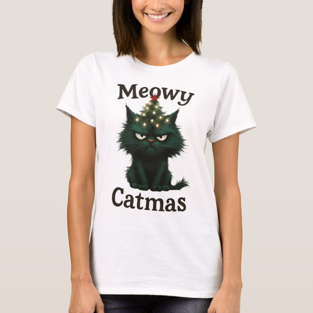Meowy Catmas Moody cat T Shirt (Framsida)