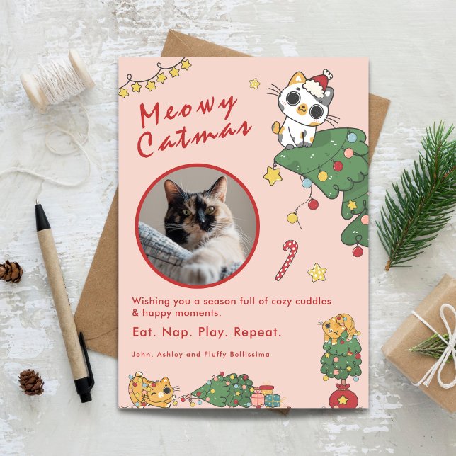 Meowy Catmas | Söt Julkatts Fotografi Julkort (Meowy Catmas | Cute Cat Christmas Photo Holiday Card)