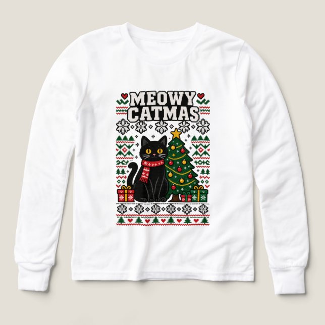 Meowy Catmas Tröja Rolig Julkatte Långärmad (Design framsida)