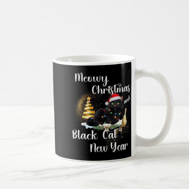 Meowy Christmas Black Cat Funny Santa Hat Happy Ne Kaffemugg (Höger)
