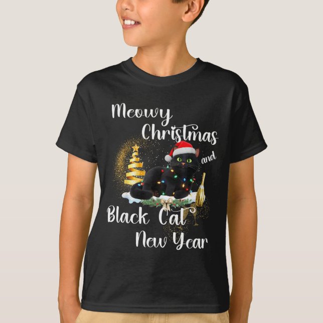Meowy Christmas Black Cat Funny Santa Hat Happy Ne T Shirt (Framsida)