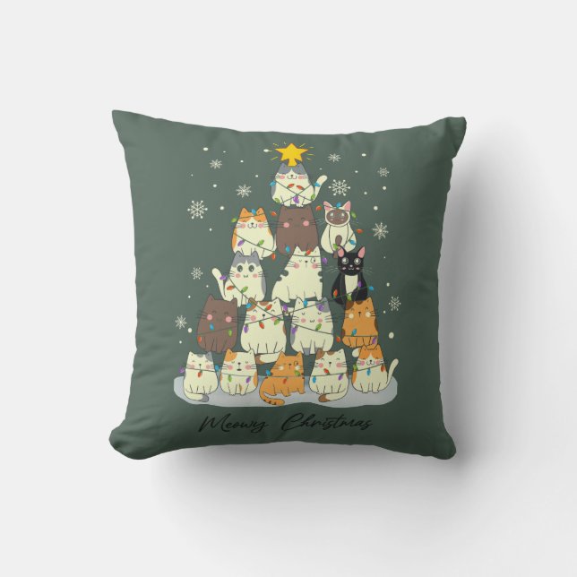 Meowy Christmas — Cute Cat Tree Kudde (Framsida)