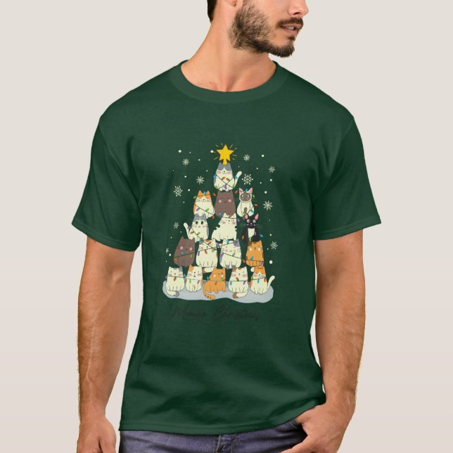 Meowy Christmas — Cute Cat Tree T Shirt (Framsida)