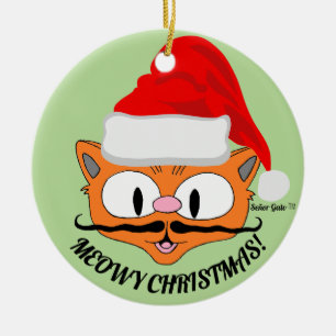 "MEOWY CHRISTMAS" Cute Mustache Cat Festive Julgransprydnad Keramik
