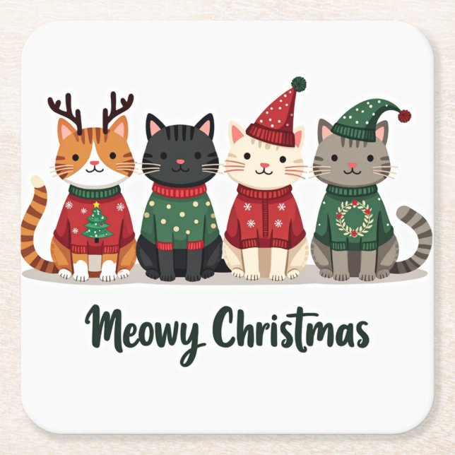 Meowy Christmas Four Cats Underlägg Papper Kvadrat (Framsidan)