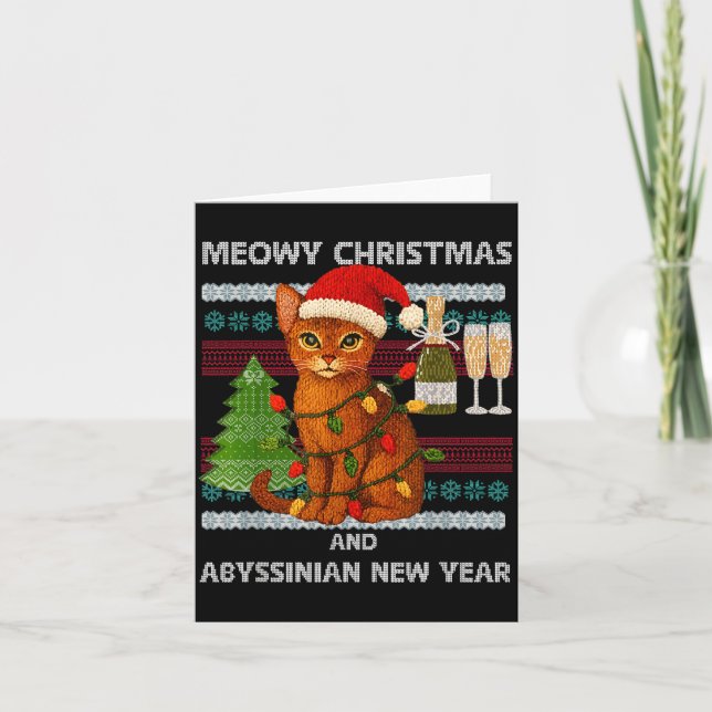 Meowy Christmas Funny Abyssinian Cat Santa Hat Ugl Kort (Framsida)