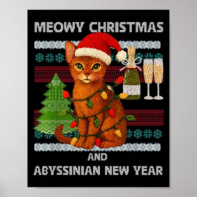 Meowy Christmas Funny Abyssinian Cat Santa Hat Ugl Poster (Framsidan)